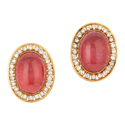 Lot 7 - Pair of Gold, Cabochon Pink Tourmaline and Diamond Earclips