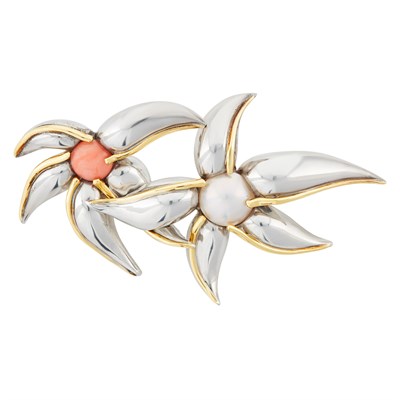 Lot 31 - Tiffany & Co. Silver, Gold, Coral and Mabé Pearl Double Flower Brooch