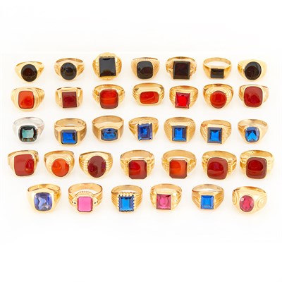 Lot 107 - Thirty Four Gold, White Gold, Low Karat Gold, Hardstone and Synthetic Stone Rings
