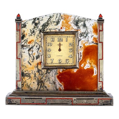 Lot 125 - Cartier Silver, Metal, Moss Agate and Red and Black Enamel Desk Clock