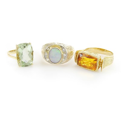 Lot 101 - Three Gold, Low Karat Gold, Opal, Citrine and Quartz Rings