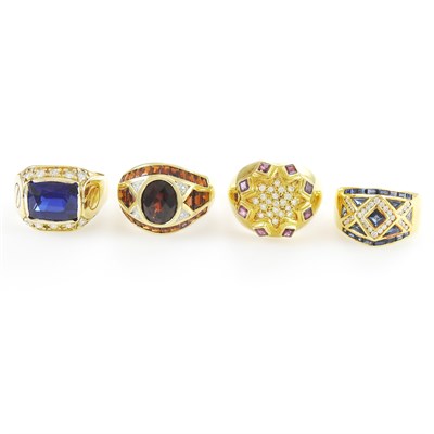 Lot 112 - Four Gold, Sapphire, Synthetic Sapphire, Garnet and Diamond Rings