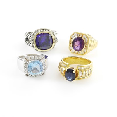 Lot 27 - Three Yellow and White Gold, Colored Stone and Diamond Rings and Costume Ring