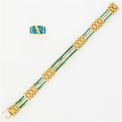 Lot 102 - Gold, Synthetic Opal and Diamond Bracelet and Opal and Diamond Ring