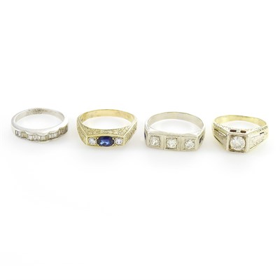 Lot 71 - Three White and Yellow Gold, Diamond, Sapphire and Synthetic Sapphire Rings and Silver and Simulated Diamond Ring