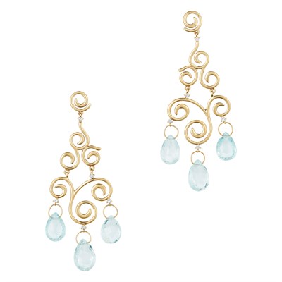 Lot 253 - H. Stern Pair of Gold, Aquamarine Briolette and Diamond Pendant-Earrings