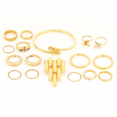 Lot 19 - Cartier Band Ring, Reinstein/Ross Band Ring, Gold and Diamond Bangle Bracelet, Clip, Two Pairs of Hoop Earrings and Nine Rings
