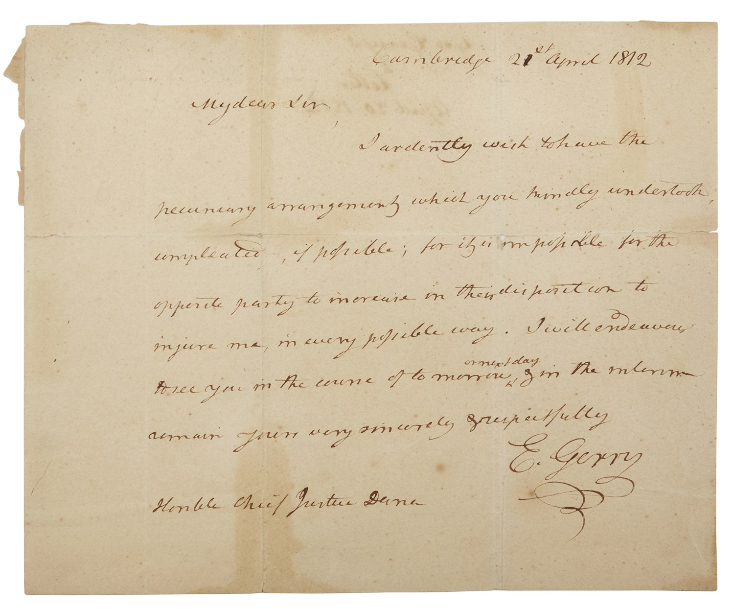 Lot 18 - GERRY, ELBRIDGE Autograph letter signed....