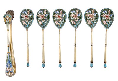 Lot 271 - Set of Six Russian Silver-Gilt and Cloisonné...