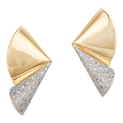 Lot 264 - Pair of Two-Color Gold and Diamond Fan Earrings