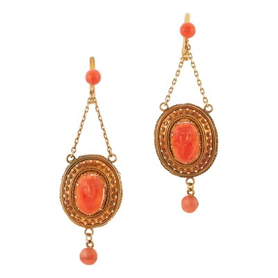 Lot 190 - Pair of Antique Gold and Coral Cameo Pendant-Earrings