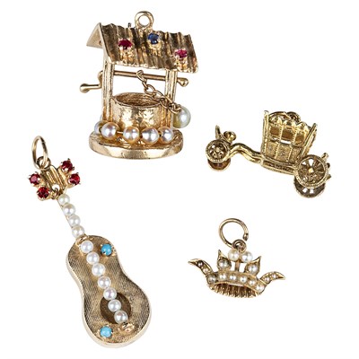 Lot 142 - Four Gold, Low Karat Gold, Cultured and Split Pearl, Gem-Set and Simulated Stone Charms