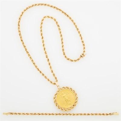 Lot 11 - Gold and United States 'Liberty' Coin Pendant with Gold Chain Necklace and Bracelet