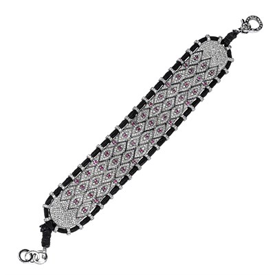 Lot 222 - Silver, Gold, Diamond, Ruby and Black Cord Bracelet
