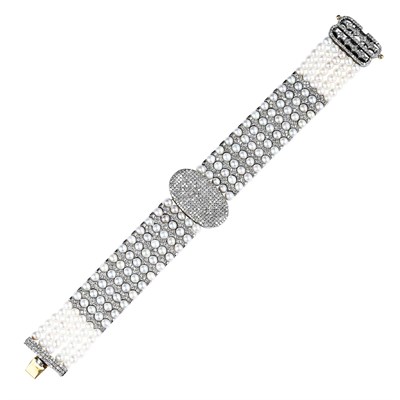 Lot 229 - Five Strand Silver, Gold, Diamond and Freshwater Pearl Bracelet