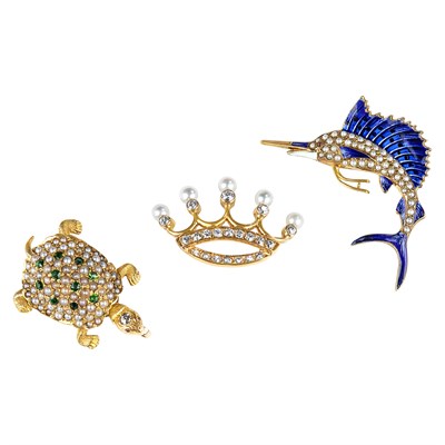 Lot 196 - Two Gold, Pearl, Split Pearl and Diamond Crown and Sailfish Pins and Demantoid Garnet and Split Pearl Turtle Pendant