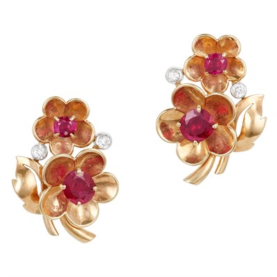 Lot 160 - Pair of Retro Two-Color Gold, Ruby and Diamond Flower Earrings