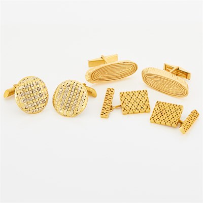 Lot 100 - Two Pairs of Gold Cufflinks and Pair of Two-Color Gold Cufflinks