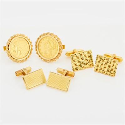 Lot 104 - Three Pairs of Gold and Gold Coin Cufflinks