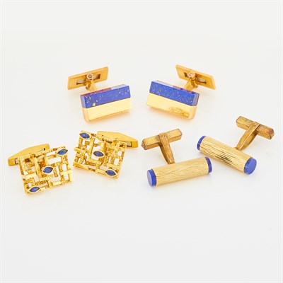 Lot 108 - Pair of Gold and Sapphire Cufflinks and Two Pairs of Gold and Lapis Cufflinks