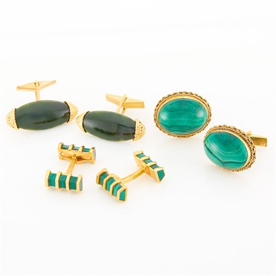 Lot 109 - Tiffany & Co. Pair of Gold and Malachite Cufflinks, France, and Two Pairs of Gold, Malachite and Nephrite Cufflinks