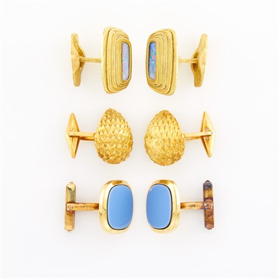 Lot 131 - Three Pairs of Gold, Opal, Blue Chalcedony and Dome Cufflinks