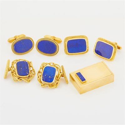 Lot 103 - Three Pairs of Gold and Lapis Cufflinks and Pill Box
