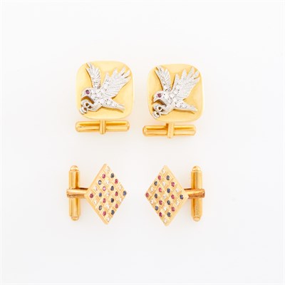 Lot 121 - Two Pairs of Gold, Diamond and Gem-Set Eagle and Grid Cufflinks