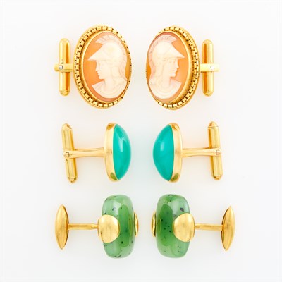 Lot 165 - Three Pairs of Gold, Nephrite, Chrysoprase and Shell Cameo Cufflinks
