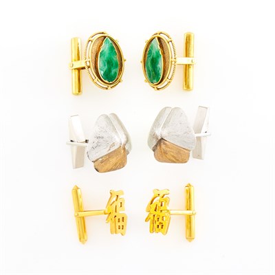 Lot 171 - Pair of Gold and Jade Cufflinks, Two-Color Gold Cufflinks and Chinese Character Cufflinks