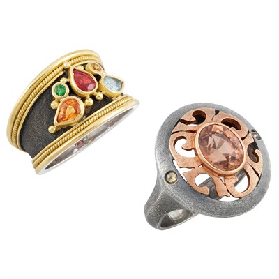 Lot 90 - Silver, Rose Gold, Brown Zircon and Colored Diamond Ring and Wide Silver, Gold and Gem-Set Band Ring