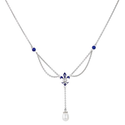 Lot 87 - Fabergé 21st Century Gold and Enamel Heart Pendant and White Gold, Enamel, Cultured Pearl and Diamond Fleur-De-Lys Necklace