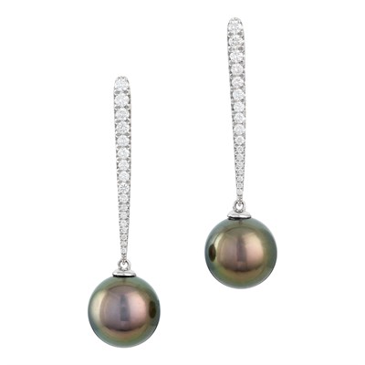 Lot 227 - Pair of White Gold, Tahitian Gray Cultured Pearl and Diamond Pendant-Earrings
