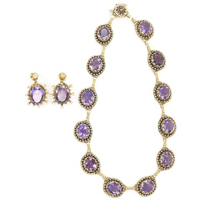 Lot 186 - Gold, Amethyst and Diamond Necklace and Pair of Pendant-Earrings