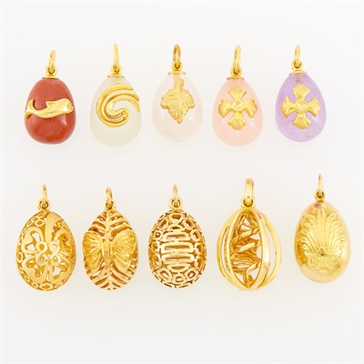 Lot 9 - Ilias Lalaounis Five Gold and Five Hardstone and Gold Egg Charms