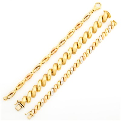Lot 254 - Two Tricolor Gold Bracelets and Gold 'San Marco' Link Bracelet