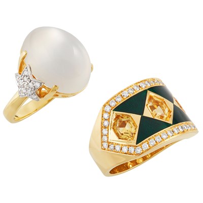 Lot 247 - Wide Gold, Citrine, Enamel and Diamond Ring and Two-Color Gold, Moonstone and Diamond Ring