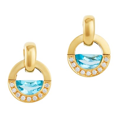 Lot 262 - Pair of Gold, Blue Topaz and Diamond Hoop Pendant-Earrings