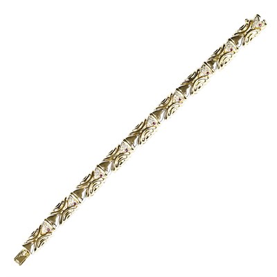 Lot 248 - Gold, White Gold-Plated Gold, Diamond and Ruby Fish Link Bracelet