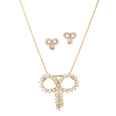 Lot 236 - Gold and Diamond Bow Pendant-Brooch with Chain and Pair of Earrings