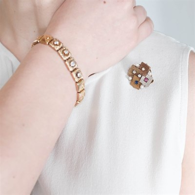 Lot 81 - Antique Low Karat Gold and Diamond Bracelet, Pair of Gold Flower Earrings and Diamond and Gem-Set Pin