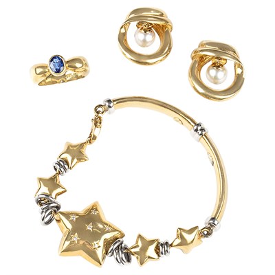 Lot 21 - G. Petochi Pair of Cultured Pearl Earclips and Gold and Diamond Star Bracelet and Sapphire Ring