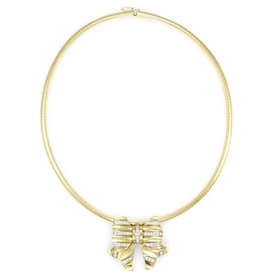 Lot 23 - Gold and Diamond Bow Pendant-Necklace