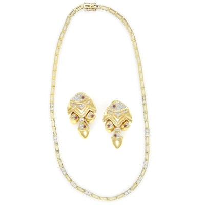 Lot 26 - Pair of Gold and Diamond Fish Earrings and Necklace