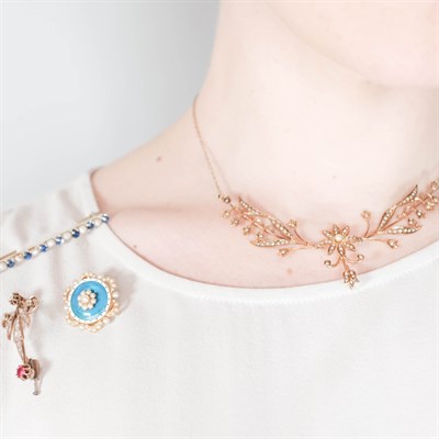 Lot 199 - Antique Gold, Low Karat Gold, Gem-Set and Enamel Necklace and Three Brooches