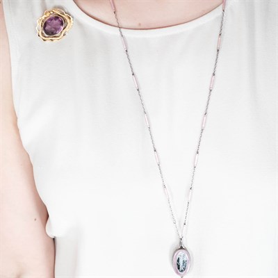 Lot 182 - Antique Gold, Silver, Enamel, Freshwater Pearl, Garnet and Simulated Amethyst Pendant-Watch Necklace, Pendant and Brooch