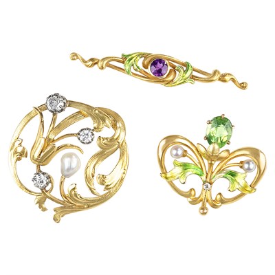 Lot 205 - Three Art Nouveau Gold, Enamel, Diamond, Pearl and Gem-Set Pins