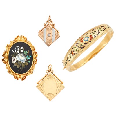 Lot 193 - Gold and Enamel Bangle Bracelet, Antique Gold, Silver and Diamond Pietra Dura Brooch and Two Book Locket Charms