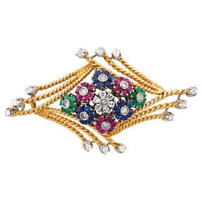 Lot 177 - Two-Color Gold, Gem-Set and Diamond Floret Cluster Brooch