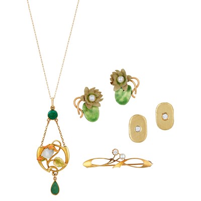 Lot 204 - Art Nouveau and Gold, Enamel, Turquoise, Pearl and Diamond Pendant-Necklace, Pin and Two Pairs of Earclips